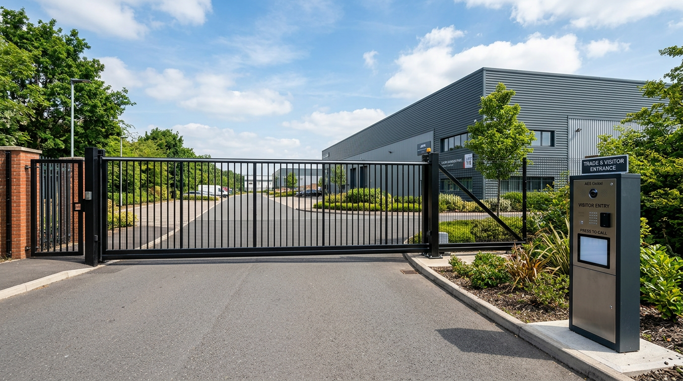 Black automatic sliding gate with intercom keypad at a commercial site entrance
