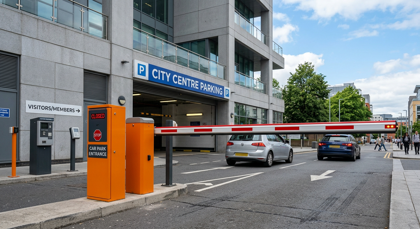 Orange vehicle barrier with striped boom arm