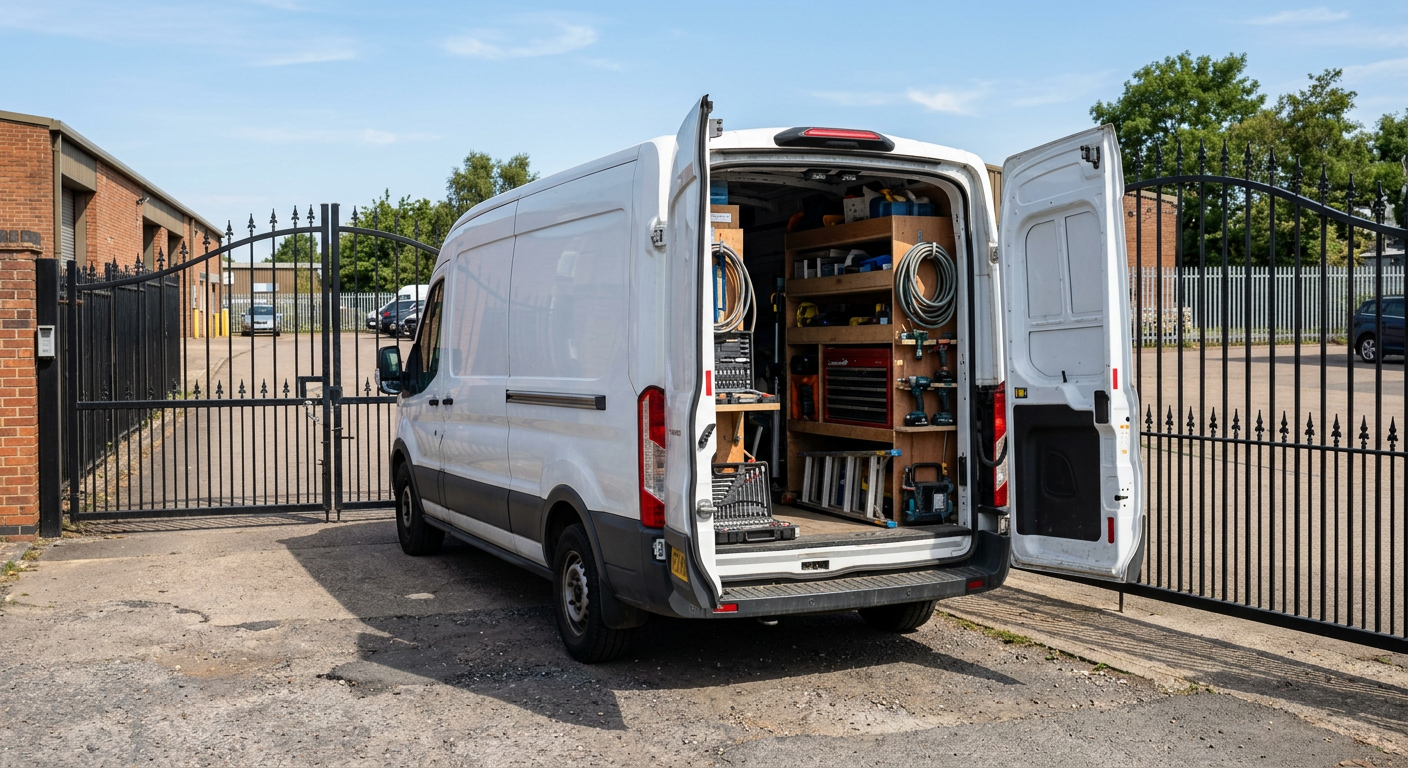 Service van parked beside security gates